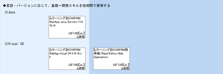 ◆INTARFRMを使用して設計・開発する\n◆言語・バージョンに応じて、基礎～開発スキルを短期間で習得する\n◇Java\n◇Visual C#