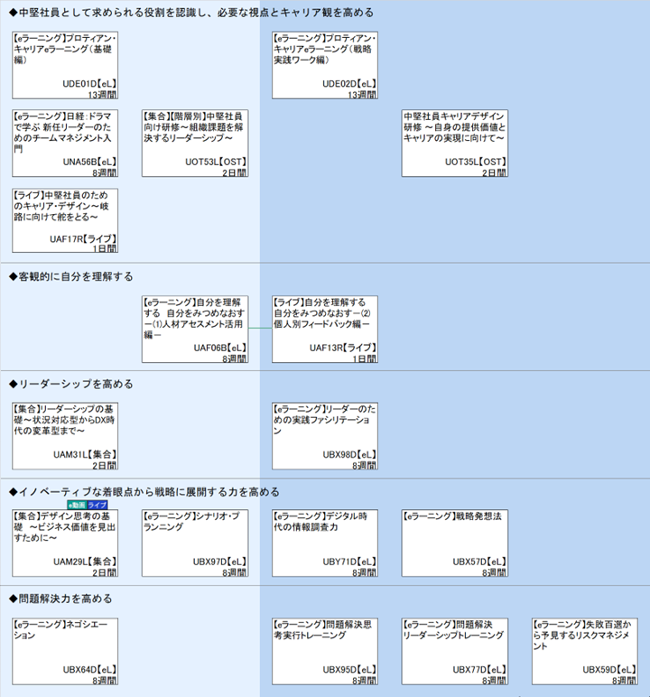 ◆中堅社員として求められる役割を認識し、必要な視点とキャリア観を高める\n◆客観的に自分を理解する\n◆リーダーシップを高める\n◆イノベーティブな着眼点から戦略に展開する力を高める\n◆問題解決力を高める