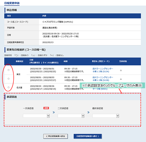 日程変更申請画面